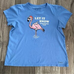 Life Is Good Blue T-Shirt with Flamingo Graphic